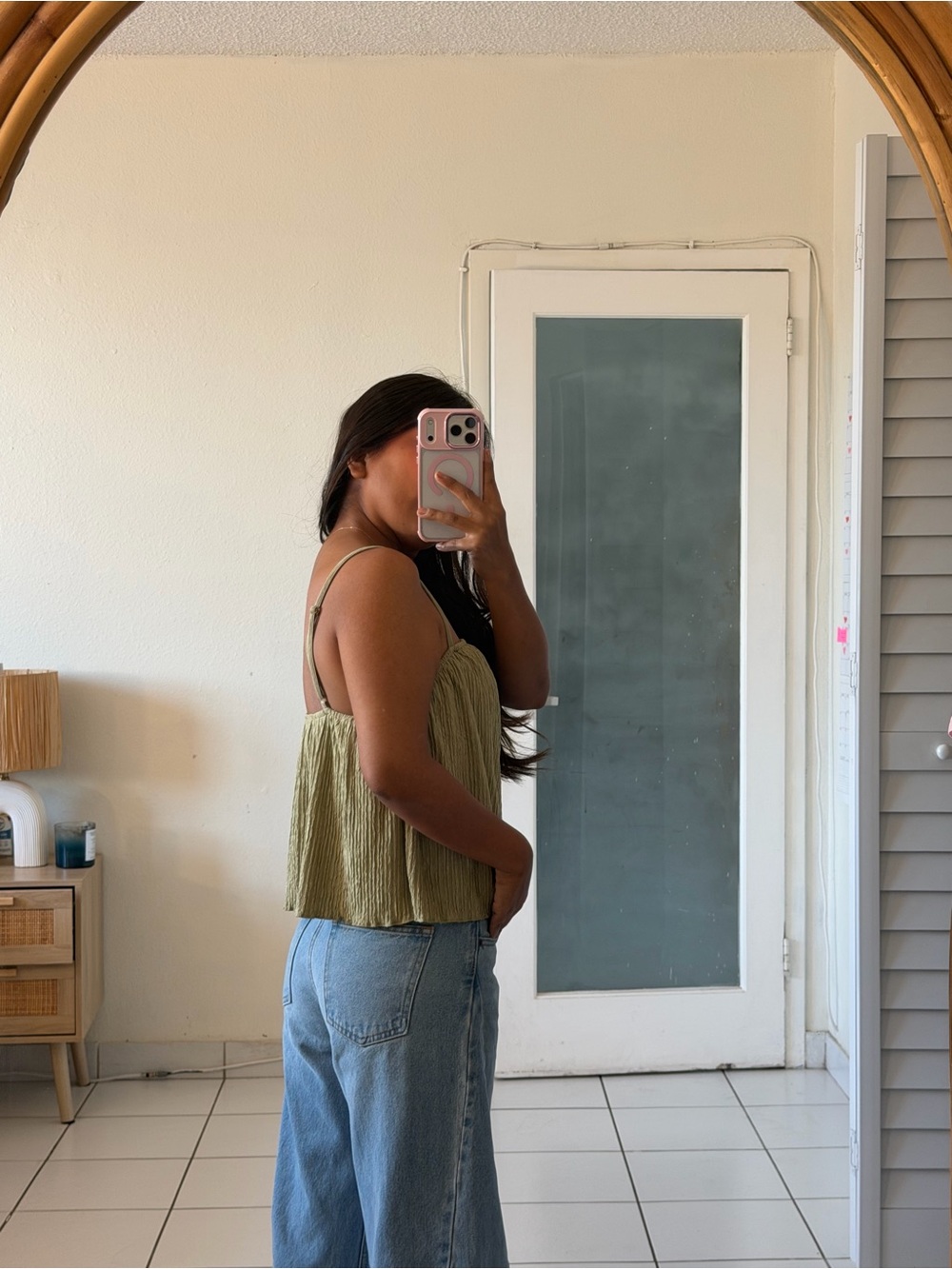 Olive Green Textured Spaghetti-Strap Cami Top